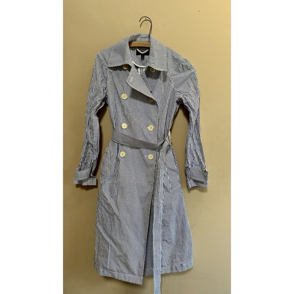 J Crew Womens Blue Striped Double-Breasted Cotton Trench‎ Coat Pockets Size 2